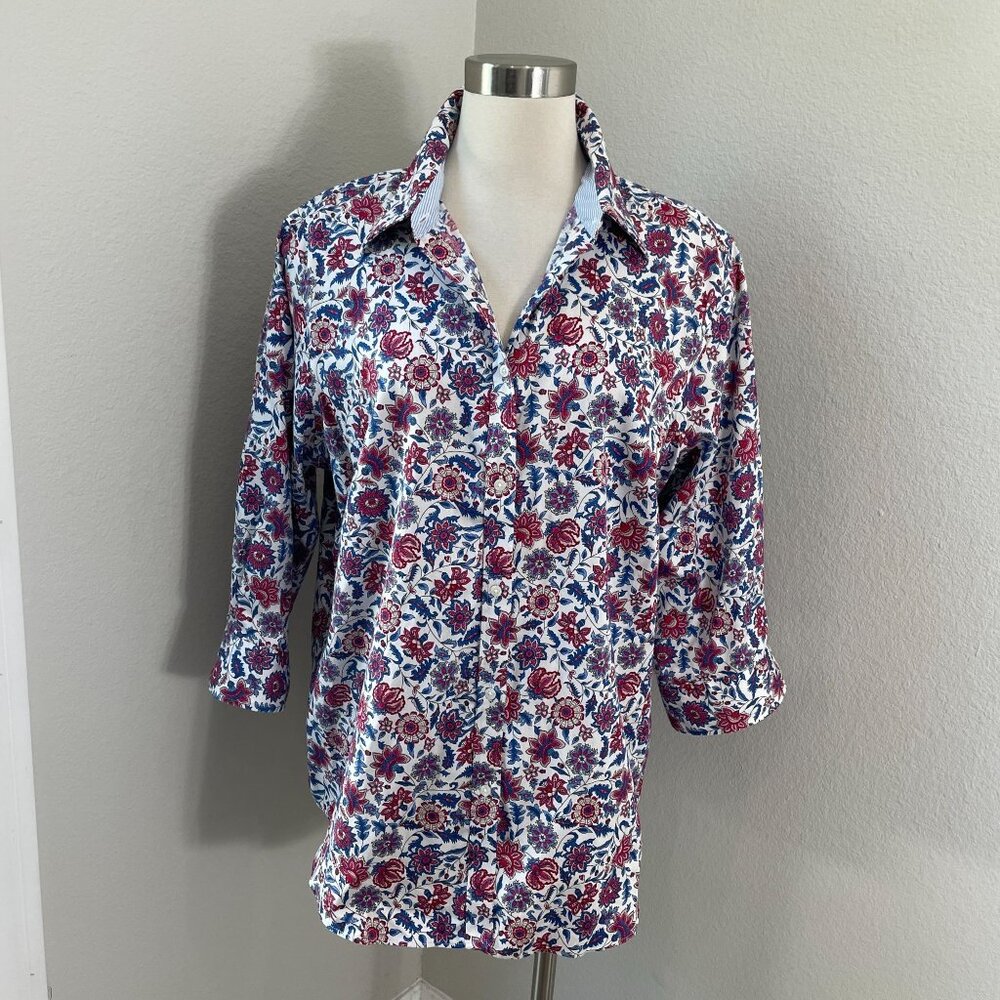 Chaps Womens Plus 1X No Iron Floral Print Button Up Shirt 3/4‎ Sleeve Blouse